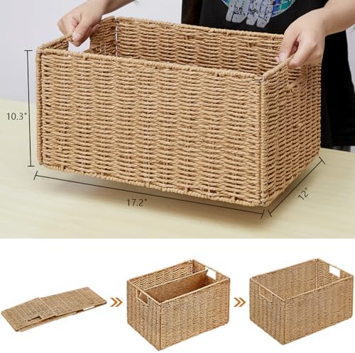 Vagusicc Wicker Storage Basket, Set of 2 Hand-Woven Paper Rope Wicker Basket, Small Storage Baskets for Organizing Toilet Paper Basket, Foldable Large Cube Storage Organizer Bins for Shelves (Natural) - Image 2