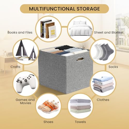 Posprica 3X Thicker Collapsible Storage Bins,13×15x13 Foldable Storage Cube Boxes Fabric Drawer for Closet Shelf Cabinet Bookcase, set of 4 (Gray-1200D) - Image 5