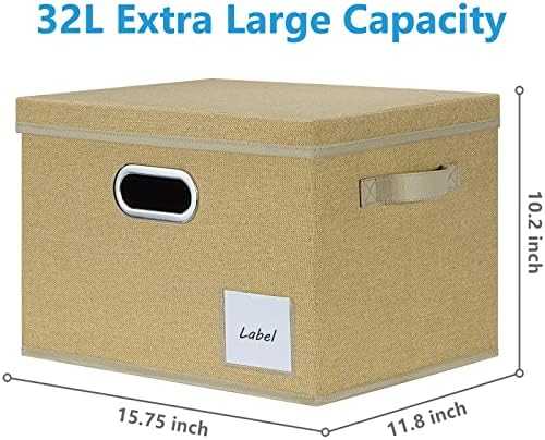 LHZK Extra Large Storage Bins with Lids 6 Pack, Foldable Linen Fabric Storage Boxes with Lids, Sturdy Fabric Storage Bins with Label & 3 Handles for Shelves Bedroom Home Office (Beige, Extra Large) - Image 2