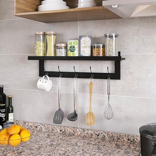 SMIBUY Coat Hooks with Shelf Wall-Mounted, 29.2 Inch Entryway Coat Rack for Wall, Bamboo Hanging Shelf with 5 Double Metal Hooks for Bathroom, Bedroom, Kitchen, Living Room, Mudroom (Black) - Image 4