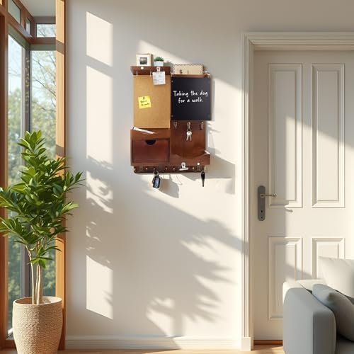Key Holder Wall Mount with Drawer and Mail Organizer, Vintage Brown - Image 3