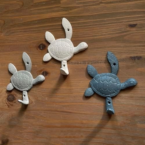 Zeckos Set of 3 Sea Turtle Wall Hooks, 5.75 Inch Blue Gray White Cast Iron - Image 5