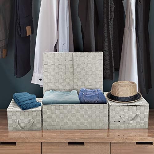 Sorbus Woven Storage Basket with Lid, Set of 3 (Beige) - Image 4