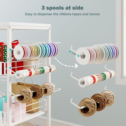 LUCKUP Rolling Wrapping Paper Organizer Cart – Gift Wrap Storage with Wheels, 20 Roll Holders, 3 Drawers & Ribbon Dispenser, Craft Organizer for Christmas, Birthdays, White - Image 5