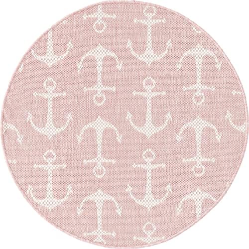 Unique Loom Outdoor Coastal Collection Area Rug - Ahoy (3' 3" Round, Pink/ Ivory) - Image 2