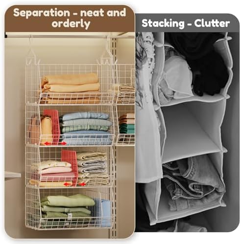 4 Tier Extra Large Hanging Closet Organizer ,Closet Organizer Hanging with 5 S Hooks 4 Dividers,Clothes Organizer Clothing Sweaters Clutches Handbags Hats Accessories-White - Image 6