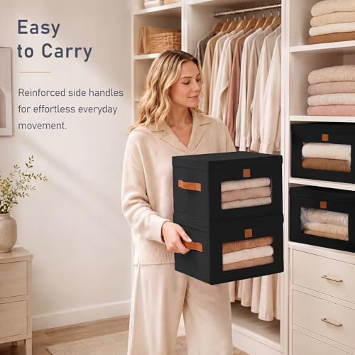 DIMJ Storage Bins with Lids - 6 Pack Front Opening Stackable Fabric Storage Boxes with Clear Window & Handles, Collapsible Closet Organizers for Clothes, Sweaters, Shelf Storage, Bedroom, Black - Image 5