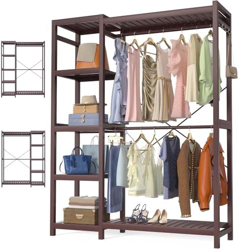 Homykic Bamboo Clothing Rack with 7 Adjustable Shelves, 2 Rods, Espresso by Homykic