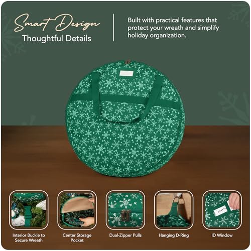 Covermates Wreath Storage Bag, 24" Diameter x 7" H, Green Snowflake - Image 4