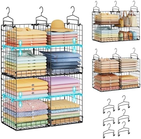 Hanging Closet Organizer with DIY Spacing, Double-Row Closet Hanging Shelves with 4 Adjustable Dividers & 6 Hooks, Heavy Duty Metal Closet Storage Organizer with Front Guard, Split into 2 Units by Yuyetuyo