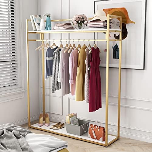 Heavy Duty Gold Clothing Rack with Shelves for Hanging Clothing, Gold Metal Freestanding Garment Rack for Retail Display (59" L) - Image 2