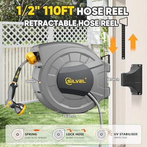 SILVEL 1/2 in x 110 FT Retractable Garden Hose Reel, UV Resistant Heavy Duty Automatic Hose Reel Wall Mount with 10 Pattern Nozzle, Any Length Lock & Slow Return System, 180°Swivel Bracket, Yellow - Image 5