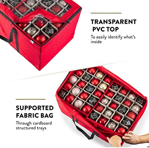 ZOBER Christmas Ornament Storage Box - Stores 200 3" Ornaments with Individual Trays - Tear Proof 600D Oxford Fabric - ornament organizer storage box (Red, 200-3" Ornaments) - Image 4
