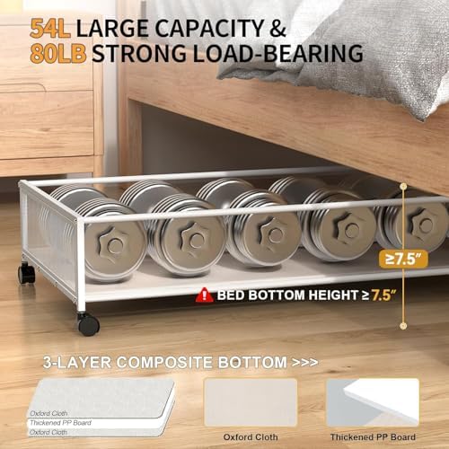 Under Bed Storage Containers with Wheels Large Underbed Shoes Blankets Clothes Toy Storage Drawers for College Dorms Bedrooms Nursery Rooms Organization (White 2 Pack, 7.5in height(36"x16.6"x7.48")) - Image 4