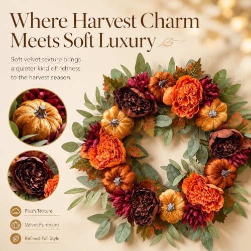 26 Inch Fall Wreaths for Front Door, Velvet Pumpkin Wreath - Image 3