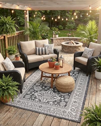 Rugs.com - Outdoor Aztec Rug – 4' 1 x 6' 1 Charcoal Gray Indoor/Outdoor Rug – Weather Resistant for Patios, Decks, and Porches by Rugscom