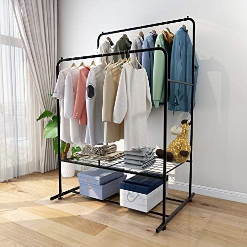 Double Rail Clothes Rack Metal Garment Rack with 2-Tier Bottom Shelves Portable Space-Saving Hanger Hanging, Black by Unknown
