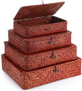 Didaey Set of 4 Seagrass Basket with Lid Wicker Storage Basket Decorative Storage Boxes with Lids Flat Storage Bins Woven Organizer Baskets for Shelf Closet Bedroom, 4 Sizes (Retro Red) by Didaey