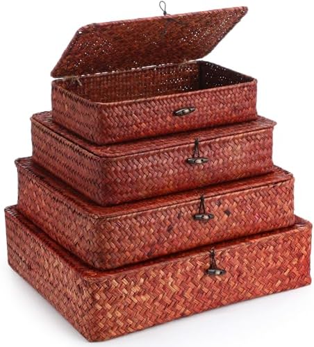 Didaey Set of 4 Seagrass Basket with Lid Wicker Storage Basket Decorative Storage Boxes with Lids Flat Storage Bins Woven Organizer Baskets for Shelf Closet Bedroom, 4 Sizes (Retro Red) by Didaey
