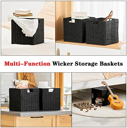 Vagusicc Wicker Storage Basket, Set of 2 Hand-Woven Wicker Basket, Foldable Cube Storage Bin, Black Storage Basket, Square Storage Baskets for Organizing Shelves & Decor, Black (11″×11″×11″) - Image 4