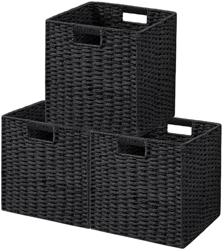 UBBCARE 3 Pack Wicker Basket, 11L×11H×10.5W inch Woven Paper Rope Storage Baskets for Shelves, Foldable Cube Storage bin with Handle, Storage Basket for Organizing & Decor, Black by UBBCARE