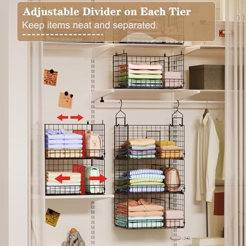 Sonyabecca 3-Tier Extra Large Closet Hanging Organizer with Dividers, Clothes Hanging Shelves with 2 Hanging Hooks & 5 S-Hooks, Wire Storage Baskets for Sweaters, Shoes, Handbags & Accessories - Image 4