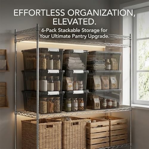 19 Quart Stackable Plastic Storage Bins with Lids, 6 Pack Clear Black Organizer Boxes with Secure Latches for Garage, Tools, Closet, Office, Durable Storage - Image 5