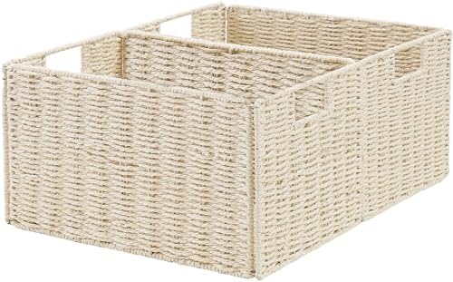 Vagusicc Wicker Storage Basket, Set of 2 Hand-Woven Paper Rope Wicker Basket, Small Storage Baskets for Organizing Toilet Paper Basket, Foldable Large Cube Storage Organizer Bins for Shelves (Beige) by Vagusicc