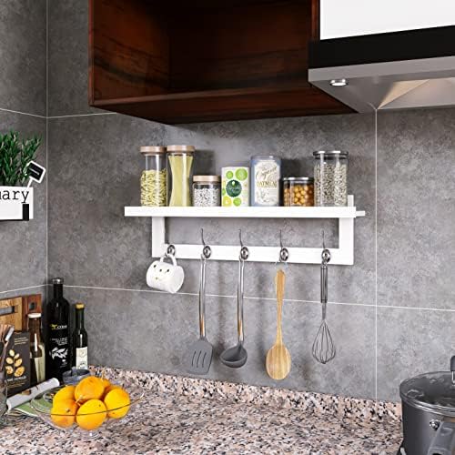 SMIBUY Coat Hooks with Shelf Wall-Mounted, 29.2 Inch Entryway Coat Rack for Wall, Bamboo Hanging Shelf with 5 Double Metal Hooks for Bathroom, Bedroom, Kitchen, Living Room, Mudroom (White) - Image 4