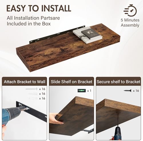 Acovy 36 Inch Floating Shelves, 12" Deep Floating Shelf Wall Mounted, 36" Wall Shelves, Rustic Deep Bookshelf, Extra Deeper & Thicker Display Shelves for Bedroom, Living Room, Brown, Set of 2 - Image 6