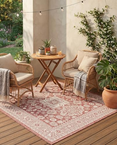 Rugs.com - Outdoor Aztec Rug – 5 Ft Square Rust Red Indoor/Outdoor Rug – Durable Flatweave for Patios, Decks, and Porches by Rugscom