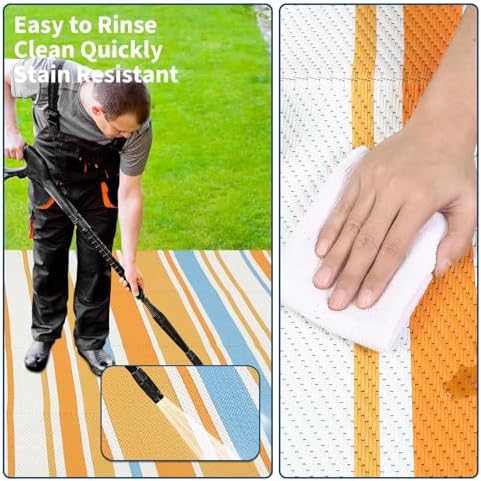 Garvee 8x10 Outdoor Rug Modern Striped Lines Plastic Straw Rug Blue Orange - Image 5