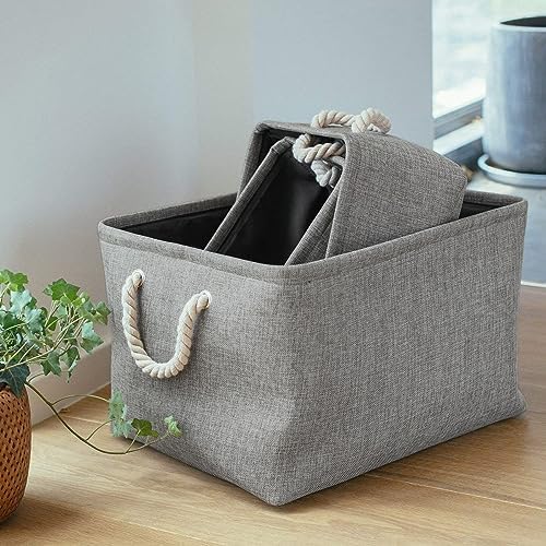 Mangata Foldable Storage Boxes, Fabric Storage Baskets for School/Home/Closet/Office, Pack of 3 (Grey, Medium) - Image 2