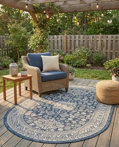 Rugs.com - Outdoor Aztec Rug – 5' 3 x 8' Oval Blue Indoor/Outdoor Rug – Washable, Stain-Resistant, Perfect for Patios and Decks by Rugscom
