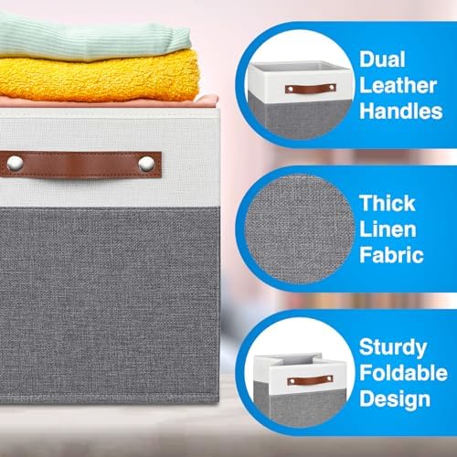 13x13 Storage Cubes - 6 Pack - Linen Fabric 13 Inch Cube Storage Bins for Bedroom, Living Room, Clothes and Toys; Foldable, Dual Leather Handles - Image 4