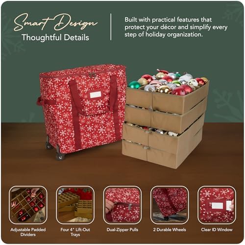 Covermates Keepsakes Rolling Adjustable Ornament Storage Bag – Heavy-Duty Polyester, FlexGrid Trays & Padded Dividers – Protective Holiday Organizer with Wheels, Handles & ID Window, Red Snowflake - Image 4