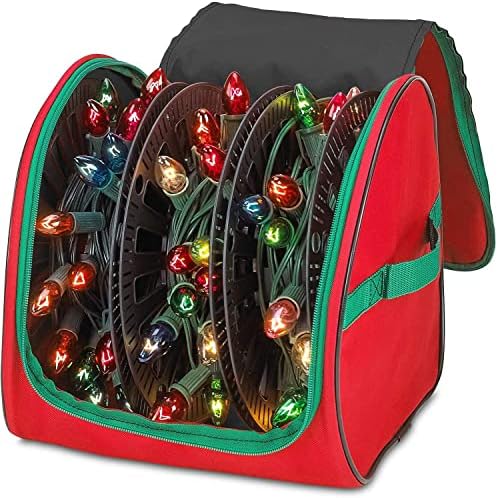 HOLDN’ STORAGE Premium Christmas Light Storage Bag – Heavy Duty Tear Proof 600D/Inside PVC Material with Reinforced Handles - 3 Reels Stores up to 375 Ft of Mini Tree Lights & Extension Cords Red by HOLDN%E2%80%99STORAGE