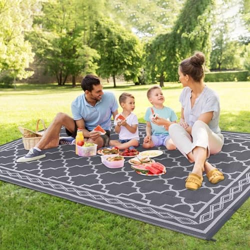 Reversible Mat 8x10 Plastic Straw Rug Outdoor Moroccan Trellis Area Rug Waterproof Patio Rug Outdoor Camping Rug for RV Porch Deck Camper Balcony Backyard Easy Cleaning Picnic Mat Grey White - Image 4
