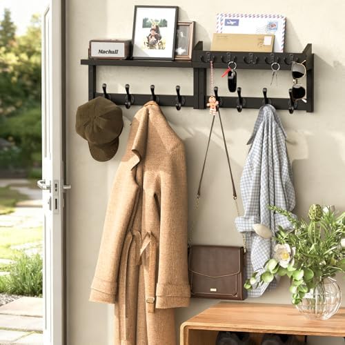 35'' Black Coat Rack Wall Mount with Shelf, Solid Wood Coat and Key Hanger with 13 Metal Hooks, Farmhouse Wall Organizer for Mail, Entryway Wall Hangers for Hats, Clothes, Backpacks - Image 2