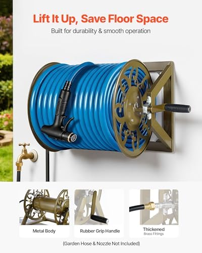 VEVOR Wall Mounted Garden Hose Reel, Holds 200 Feet of 5/8-inch Hose, Outdoor Heavy-Duty Waterhose Holder Winder, with Brass Connector, Decorative Pattern, Bronze Finish, for Backyards and Gardens - Image 3