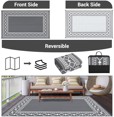 GlowSol 10x20 Outdoor Rug Waterproof Reversible Patio Carpet, Plastic Straw Camping Rug for RV Backyard Deck Beach Stain Resistant Foldable Indoor Outdoor Floor Mat Decor, Grey/White - Image 4