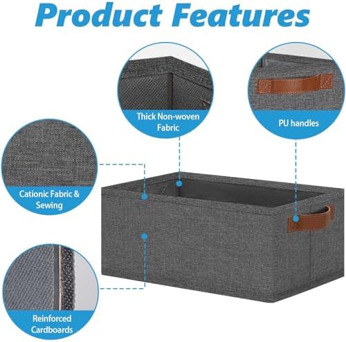 GhvyenntteS Small Fabric Storage Bins 12 Pack, 11.8" x 7.87" x 5.11" Storage Basket with Leather Handles, Closet Storage Bins for Shelves, Storage Baskets for Shelves, DVD Storage (Grey) - Image 3