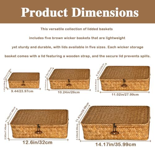 Wicker Basket with Lid,Seagrass Flat Storage Bins, Set of 5 - Image 2