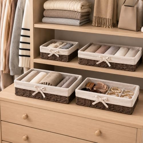 Baskets for Shelves Set of 4, Woven Paper Rope Storage, Brown - Image 4