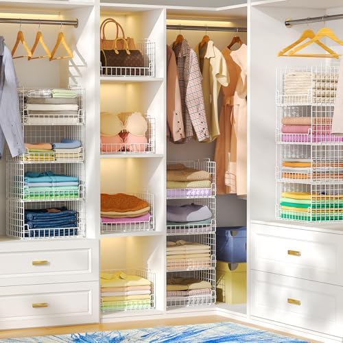 6-Tier Stackable Closet Organizers and Storage Basket - Foldable Closet Shelf Organizer System, Sturdy Metal Space-Saving Clothes Storage Bins for Wardrobe, White - Image 5