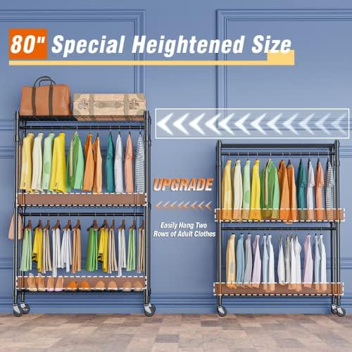 Homdox Rolling Garment Rack with Double Rod, Heavy Duty Clothing Rack with Shelves, Portable Clothes Rack, Free Standing Wardrobe Rack, with Lockable Wheels & Hanging Hooks, Max Load 450 LBS, Black - Image 2
