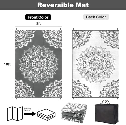 Yamaziot Waterproof Outdoor Rug 8x10 ft, Reversible Plastic Straw Rug for Patio Clearance, Camping, RV Mat, Large Outside Rug Carpet for Porch, Deck, Backyard, Balcony, Picnic (Grey) - Image 2