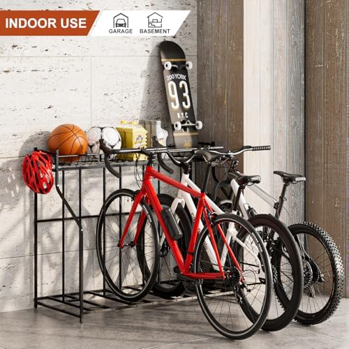 4 Bike Stand, Bike Rack Garage with Storage Rack, Bicycle Stand for Garage Organizer, Indoor Sporting Gear Storage Station for Mountain/Road/Hybrid & Fat Tire Bike - Image 2