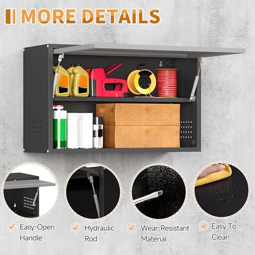 Metal Garage Wall Cabinet with Up-Flip Door, Float Tool Cabenit with Adjustable Shelf,Steel Wall-Mounted Storage Cabinet with Pegboard for Kitchen,Garage,Workshop,Warehouse(19.7"H,Black&Gray) - Image 5