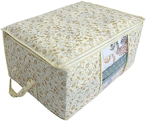 Kuber Industries Foldable Underbed Storage Bag|Organizer For Clothes Large|Non-Woven Comforter, Blanket Cover|Metalic Print & Side Handle|Pack of 12 (Brown & Cream) - Image 4